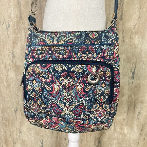 Travelon Women's Zip Crossbody Bag Multi Pocket Organizer Paisley Blue GUC - Picture 1 of 16